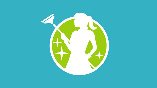 Das Logo von MaidEasy zeigt die Silhouette einer Frau, die einen Besen in der Hand hält. Die Silhouette ist Weiß in einem grünen Kreis mit weißer Außenlinie. Das Logo steht auf türkisem Grund. 